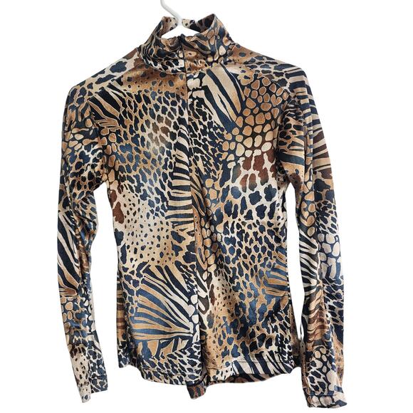 Skea Shimmies Long Sleeve Shirt Mock Neck Top Women M Brown Leopard Print Top - Picture 1 of 9